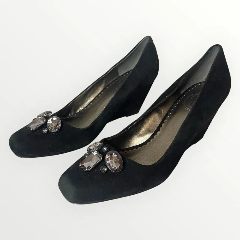 JESSICA SIMPSON Black‎ Velour Wedge w/ Rhinestones Gems, Size 9